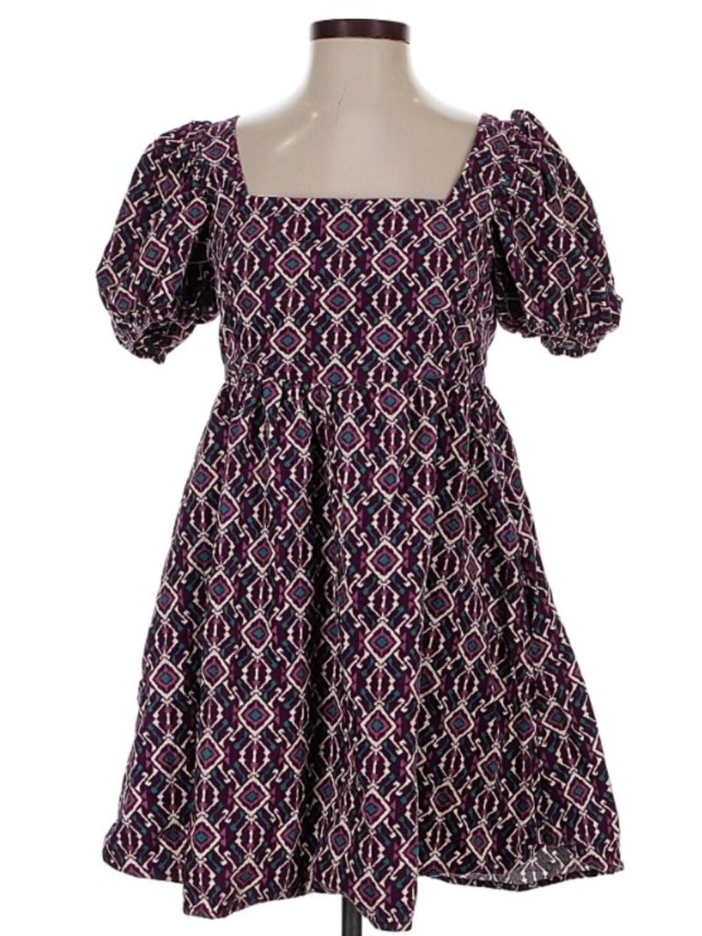 BOHME Mini Dress M Corduroy Purple Green Abstract Square Neckline Puff Sleeve